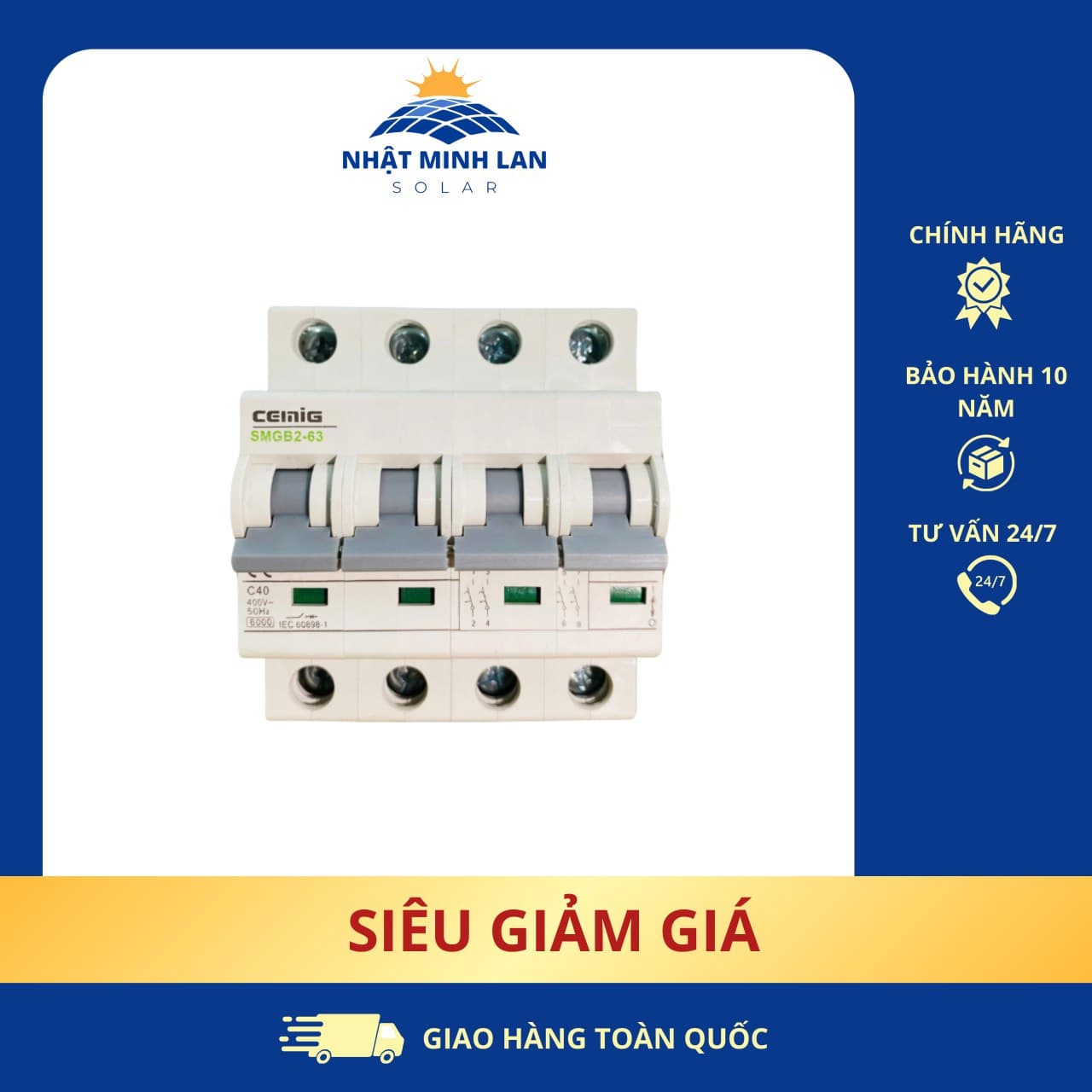 Cầu dao aptomat an toàn, 2 cực, điện áp: 230VAC, dòng điện 40A, dòng cắt 6kA (SMGB1-63)